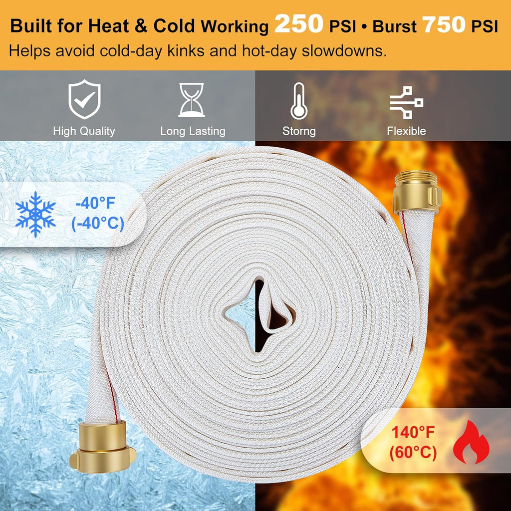 1-1/2" ID Fire Hose, 50Ft Single Jacket TPU Lay Flat Hoses with Brass NST/NH Couplings, 250 PSI Working / 750 PSI Burst, All-Weather Firefighter Hose for Fire Cabinets