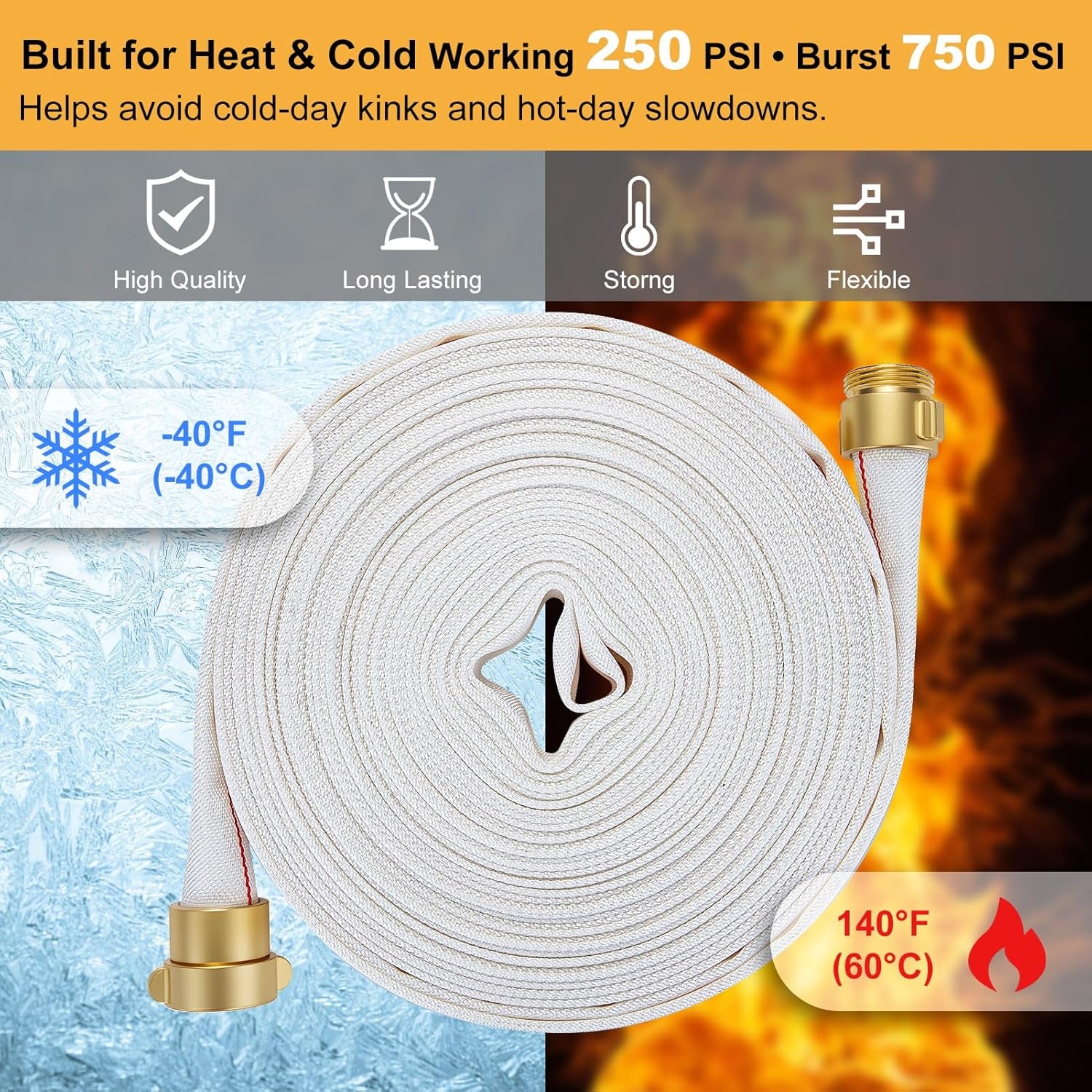 1-1/2" ID Fire Hose, 50Ft Single Jacket TPU Lay Flat Hoses with Brass NST/NH Couplings, 250 PSI Working / 750 PSI Burst, All-Weather Firefighter Hose for Fire Cabinets