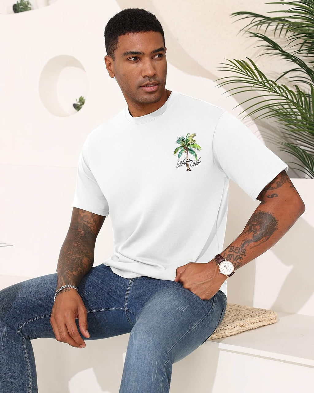 Mens Malibu Vibe Palm Tree California Casual Short Sleeve T-Shirt | Perfect for Surf Travel Great for Beach Lovers West Coast Fans.
