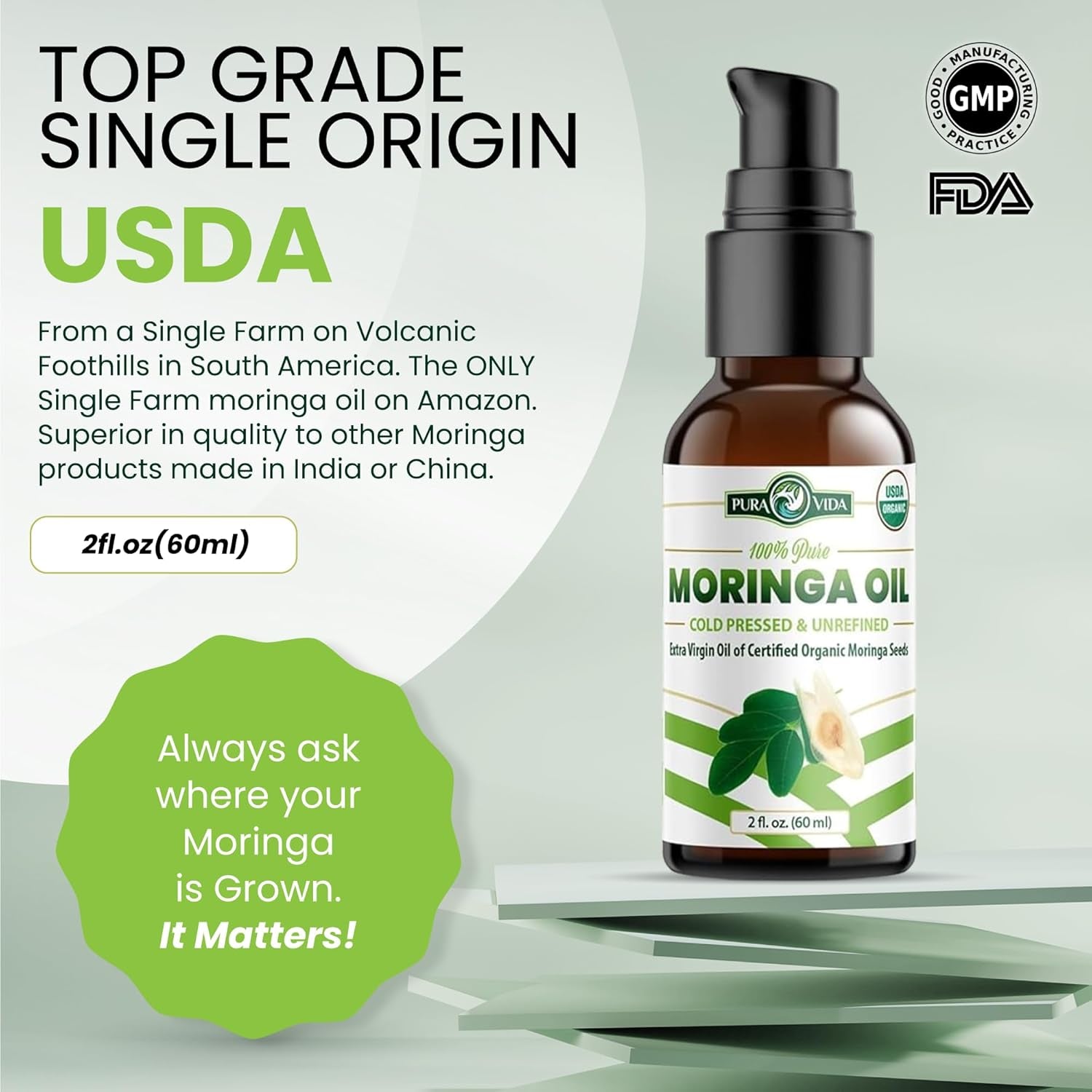 USDA Organic Moringa Seed Oil: 100% Pure, Cold Pressed, Unrefined Moringa Oleifera Seed Oil. 2 Oz Bottle with Treatment Pump. for Skin and Hair - Food Grade for Oral Consumption
