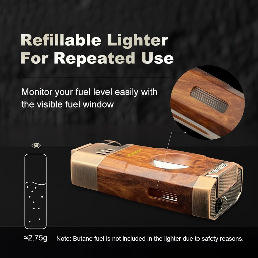 All-In-One Windproof Outdoor Lighter with Dual Jet Flame Built-In Cutter, Butane Refillable and Flames Adjustable, Visible Gas Tank, Portable for Travel, Candle Lovers, Box Included