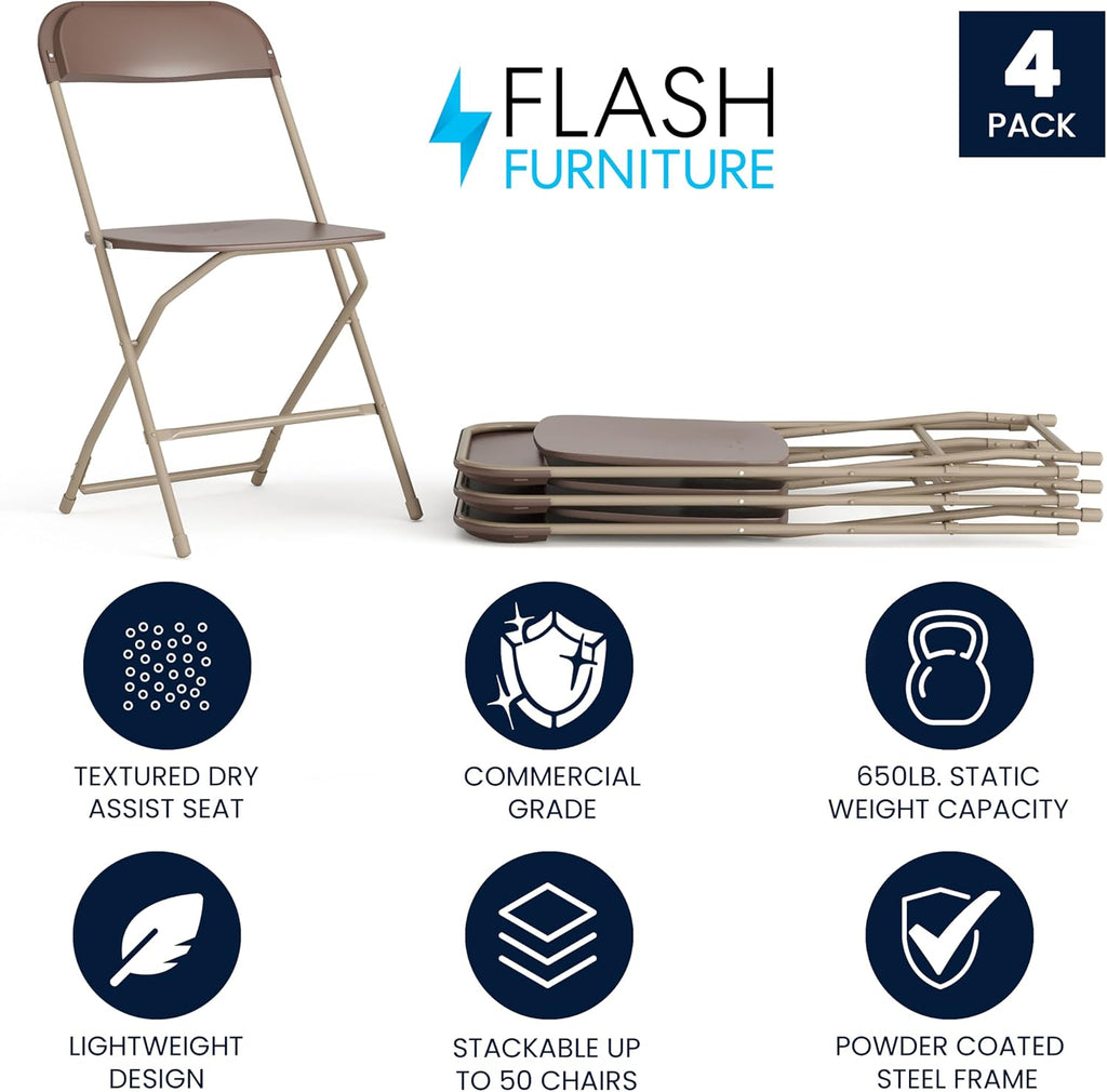 Hercules Series Plastic Folding Chair - Brown - 4 Pack 650LB Weight Capacity Comfortable Event Chair-Lightweight Folding Chair