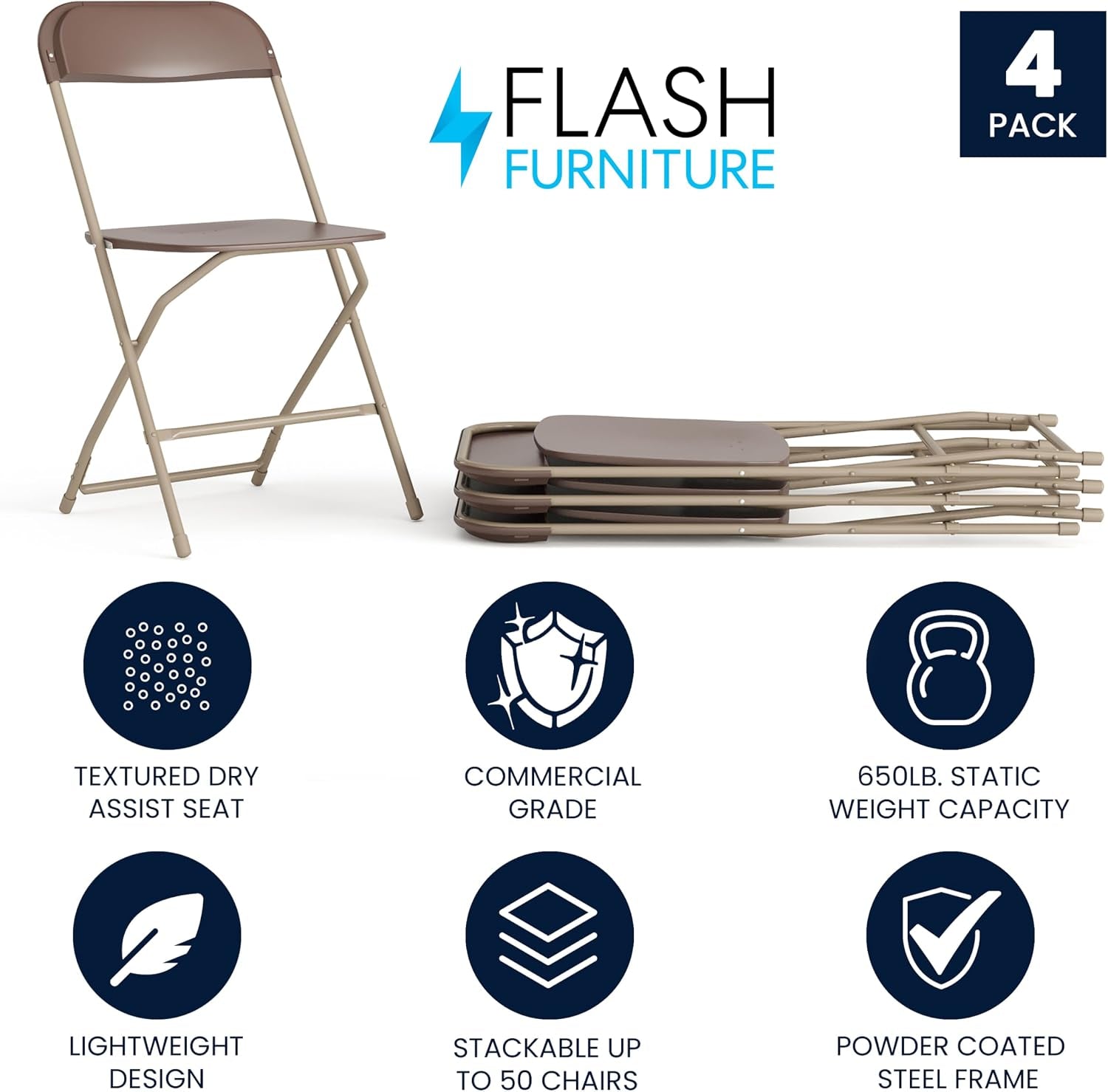 Hercules Series Plastic Folding Chair - Brown - 4 Pack 650LB Weight Capacity Comfortable Event Chair-Lightweight Folding Chair