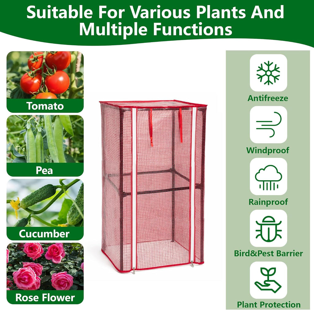 28.3" X 15.4" X 15.4" Tomato Cages Plant Greenhouse Cover, PE Tomatoes Red Greenhouse with Zipper Door, Tomato Trellis Plant Support Protector Cover for Garden Climbing Plants (NO Frame Included)