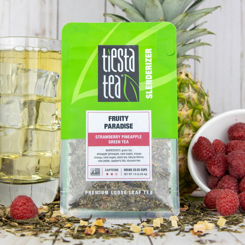 - Fruity Paradise, Strawberry Pineapple Green Tea | Premium Loose Leaf Blend, Tropical Fruit Flavor, Medium Caffeinated, Hot or Iced, 20-25 Cups, 9.6Oz Resealable Pouch