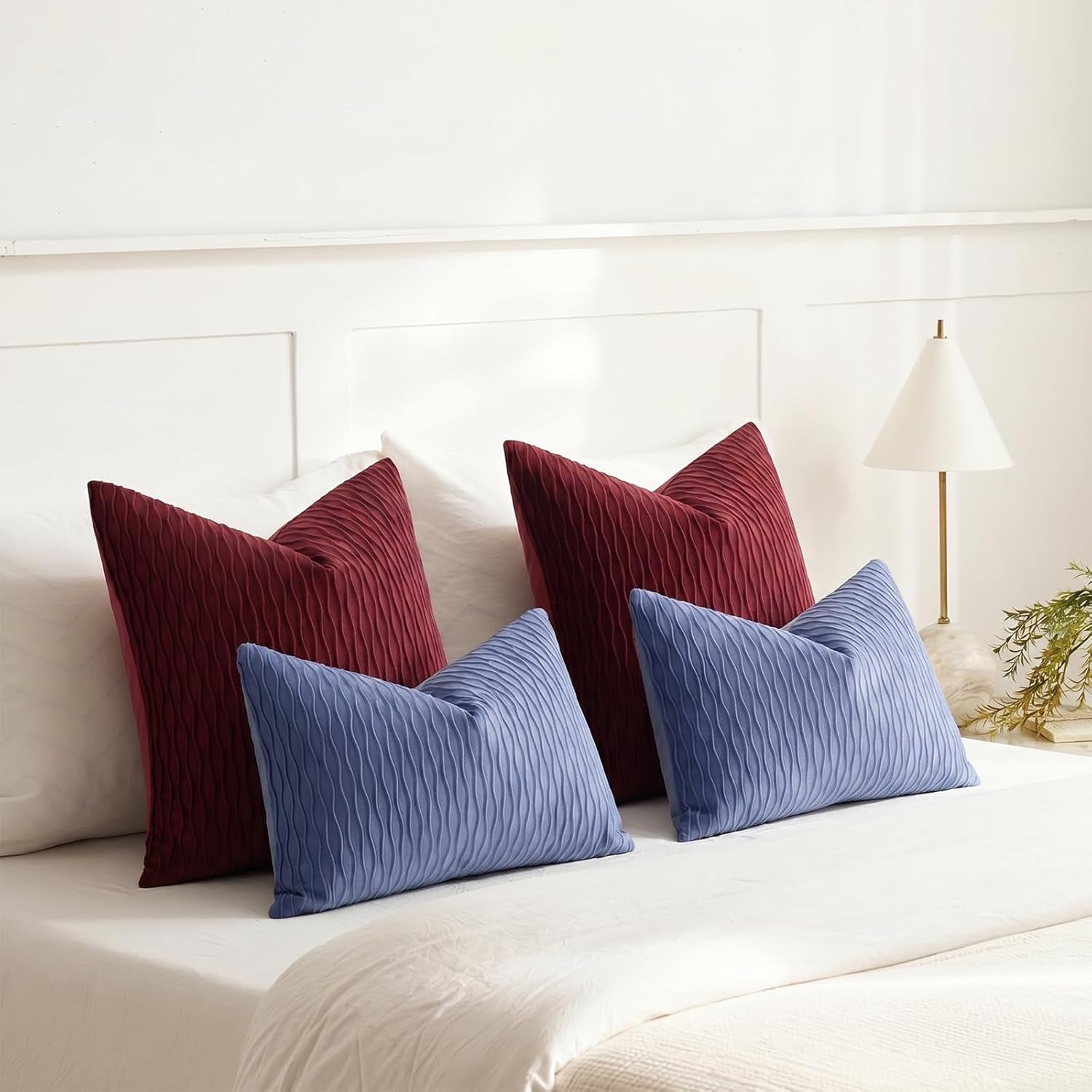 Burgundy Throw Pillow Covers: Pack of 2 24X24 Inch Vertical Ripple Striped Velvet Square Decorative Pillow Cases for Farmhouse Couch Sofa Bed Living Room Home Decor