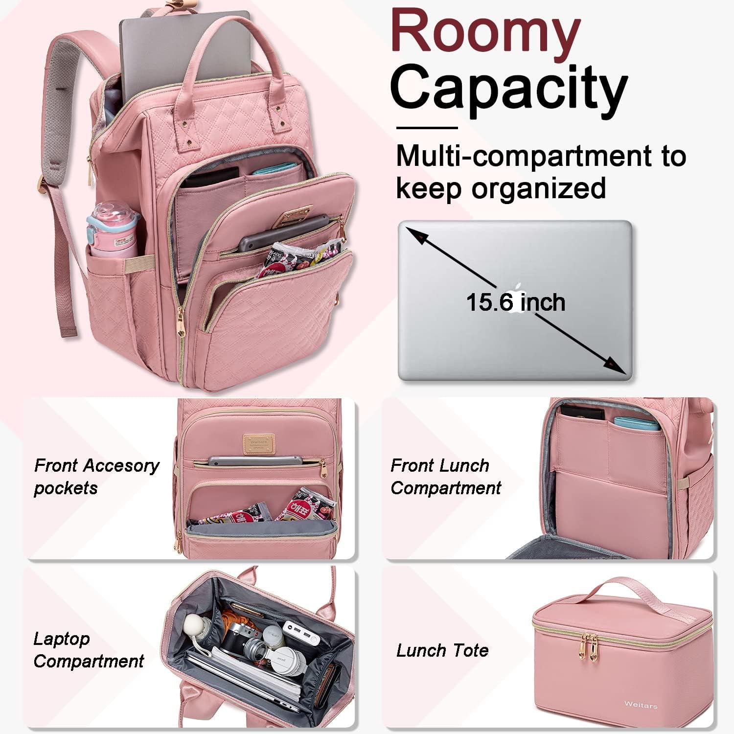 Lunch Backpack for Women,15.6 Inch Laptop Backpacks for Womens Back Pack, Travel Backpacks,Work Backpack for Women (Pink)