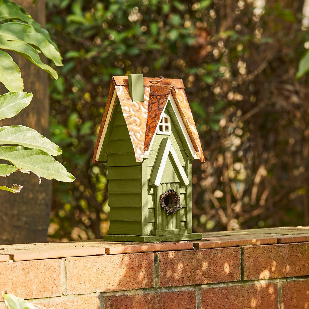 12" H Green Hanging Distressed Solid Wood Garden Bird House Decorative Birdhouse