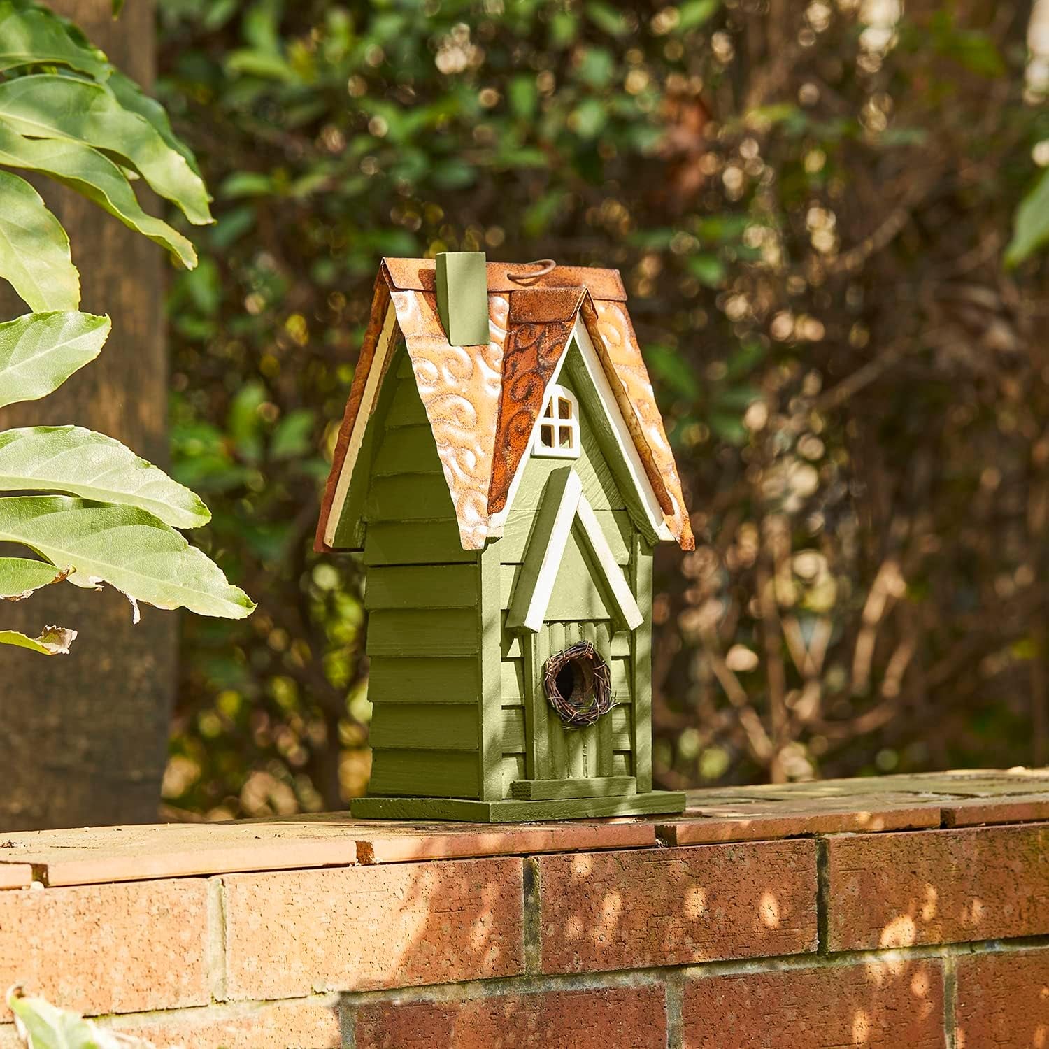 12" H Green Hanging Distressed Solid Wood Garden Bird House Decorative Birdhouse