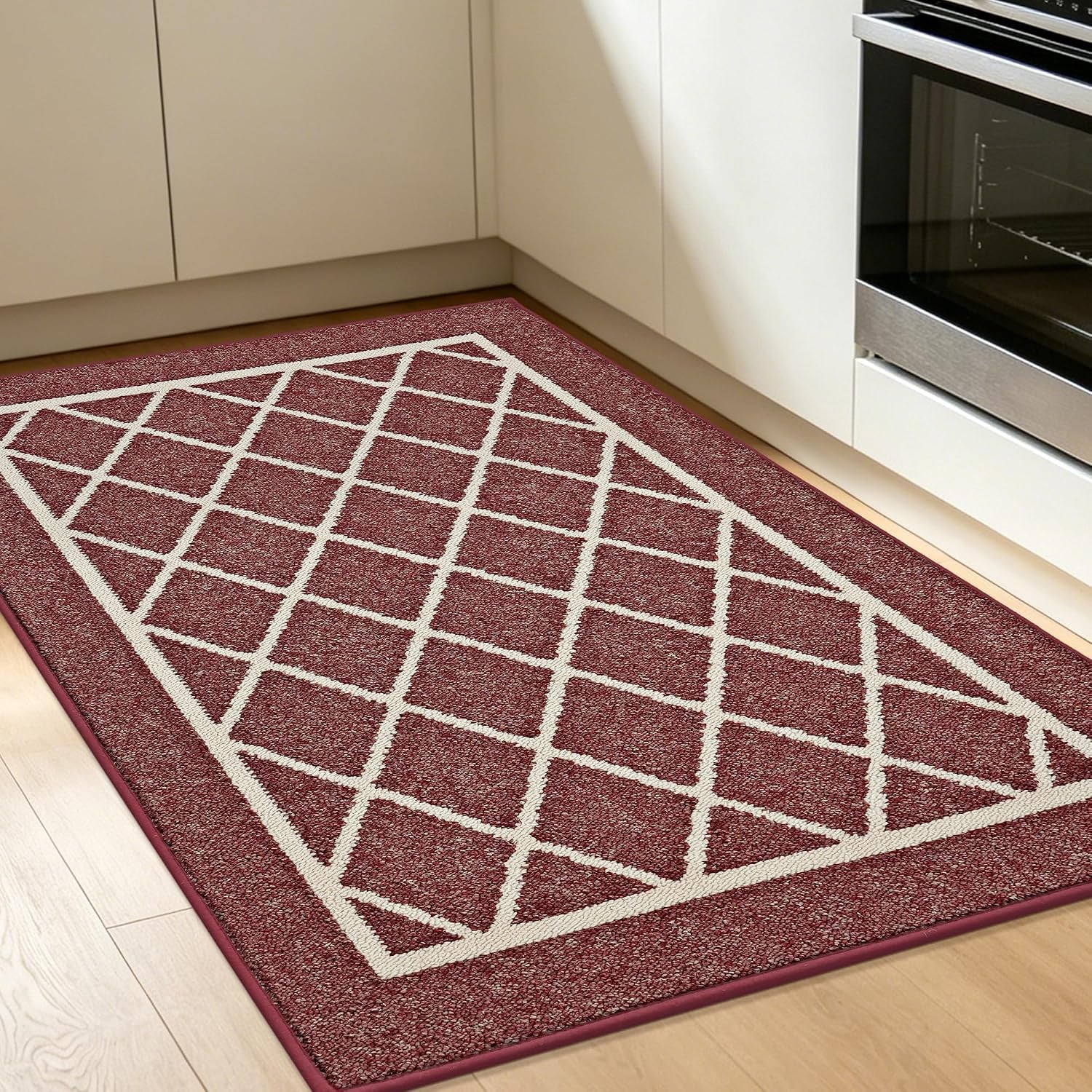 Kitchen Rugs Non Slip Washable Kitchen Mat, Red, 32X48In | Washable Easy Care Kitchen Rug, Absorbent Kitchen Mats for Floor, Stain Resistant Durable Rugs for Kitchen
