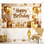 Gold Happy Birthday Backdrop Banner White and Gold Background for Women Glitter Star and Balloon Photography Backdrop for Birthday Table Wall Decoration Party Supplies 72.8 X 43.3 Inch
