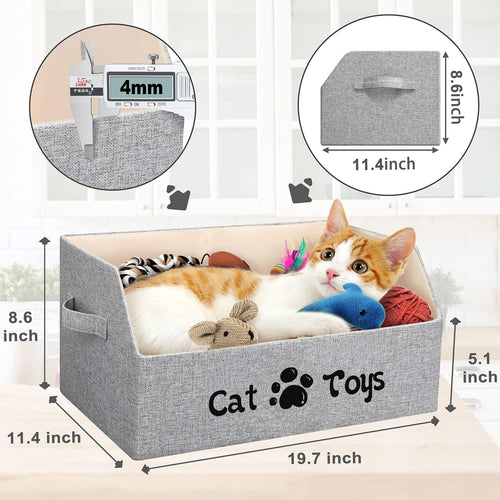 2X Thicker Large Cat Toy Bin Collapsible Cat Toy Box Sturdy Cat Toy Basket Kitten Toy Storage Bed for Organizing Cat Toys Treats Clothes and Accessories (Grey)