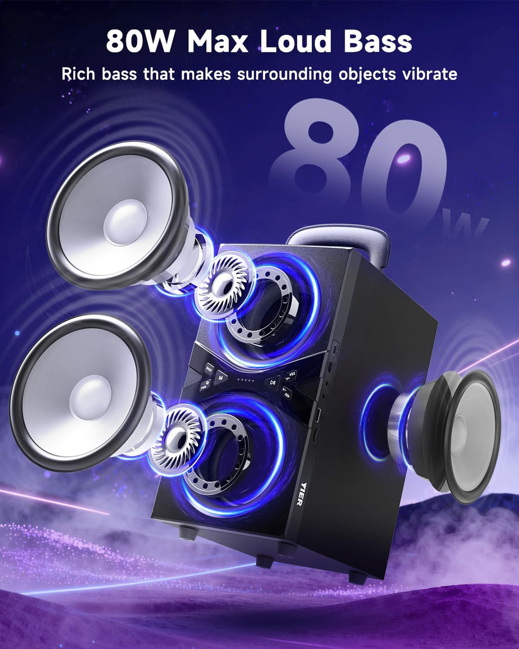 Party Bluetooth Speaker:80W Peak Large Stereo Sound for Outdoor,Deep Bass,Tws,Loud with Lights,Portabe Wireless Big Speakers with Long Playtime,House,Projector,Movie