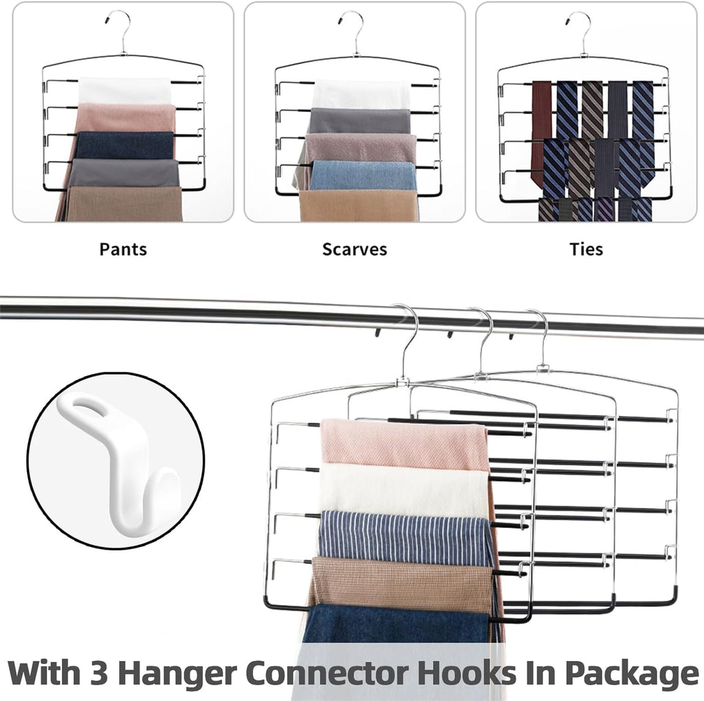 Pants Hangers Non Slip 3 Pack Space Saving Hangers Multi-Layer Swing Arm Pants Hanger Stainless Steel Space Saver Hanger Closet Storage Organizer for Jeans Trouser Slacks Clothes (Black)