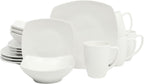 Zen Buffet White Porcelain Dinnerware Set for 4, Square Plates Bowls and Mugs, Chip and Scratch Resistant, Dishwasher and Microwave Safe, 16 Piece