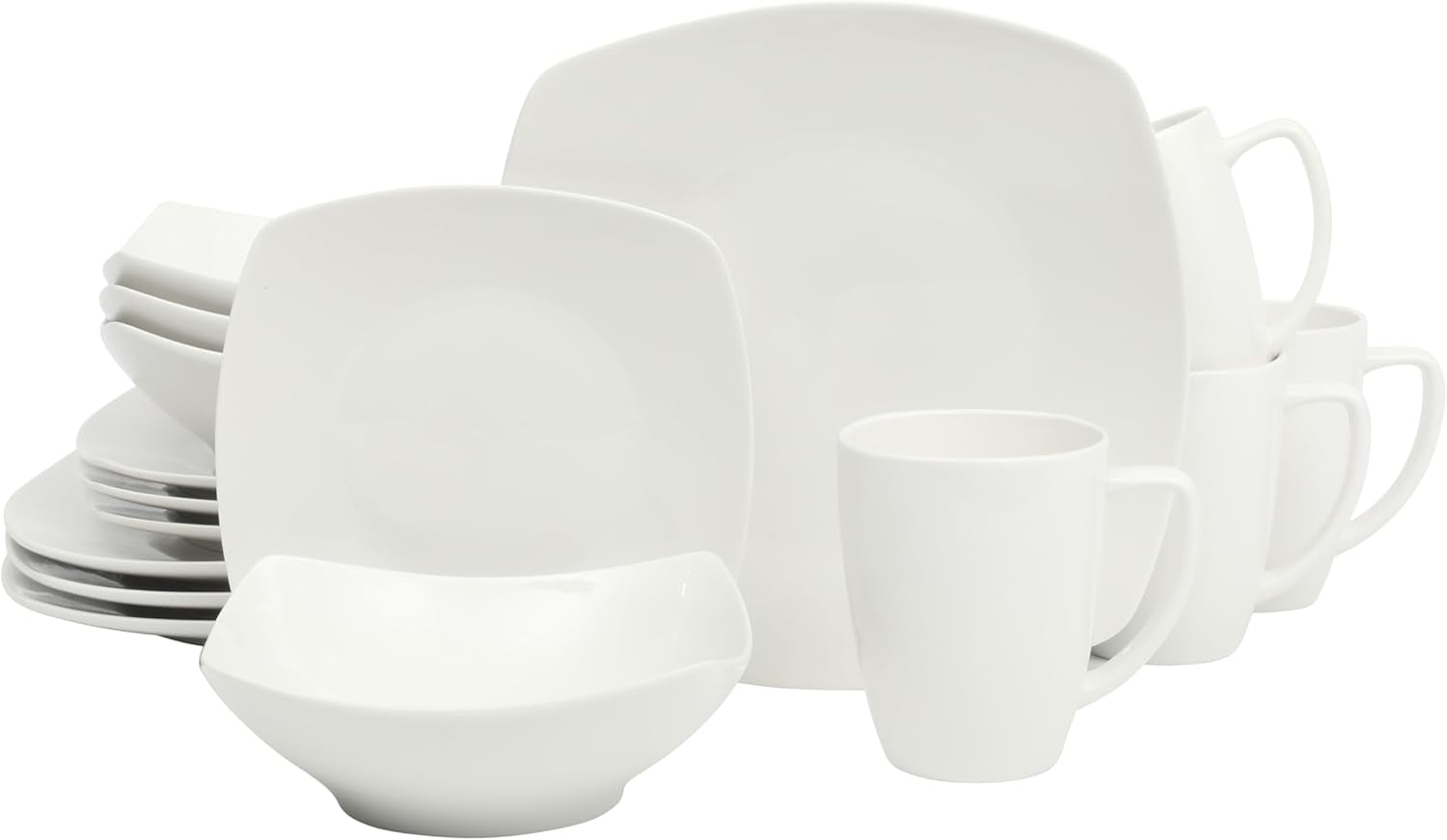 Zen Buffet White Porcelain Dinnerware Set for 4, Square Plates Bowls and Mugs, Chip and Scratch Resistant, Dishwasher and Microwave Safe, 16 Piece