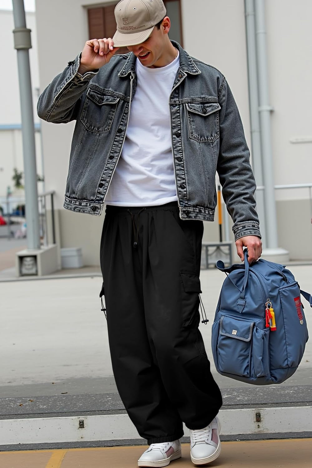 Mens Loose Fit Drawstring Y2K Baggy Parachute Cargo Pants | Harem Joggers, Utility Flap, Deep Side Pockets, Elastic Waistband, Adjustable Hem, Streetwear, Casual Wear, Outdoor Hiking