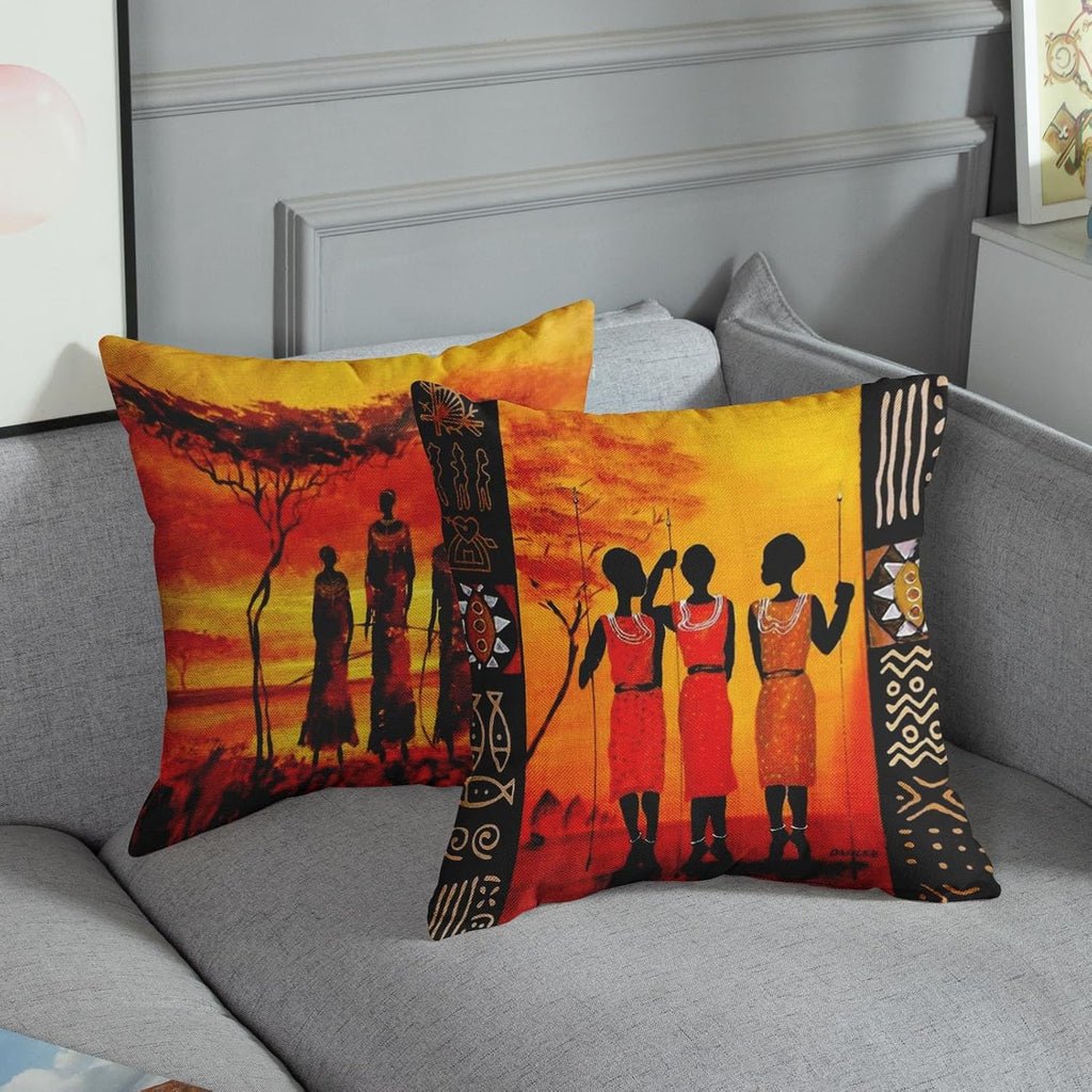 Linen Throw Pillow Covers Set of 4, 18 X 18 Inch, African Ethnic | Tribe Lady Lips, Outdoor Decorative Square Pillow Cases Couch Cushion Case for Couch Bed Sofa Living Room Home Decor