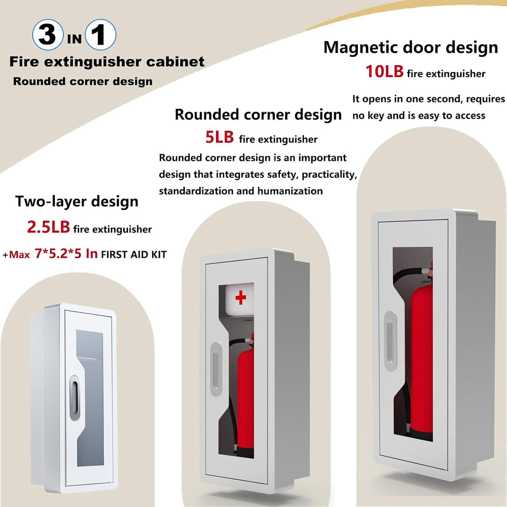 Rounded Corner Semi Recessed Steel Fire Extinguisher Cabinet White 2PC | for 2.5/5/10 LB Extinguisher ，Heavy-Duty Wall Mount Box ，Invisible Handle, Transparent Window, Indoor/Outdoor Use