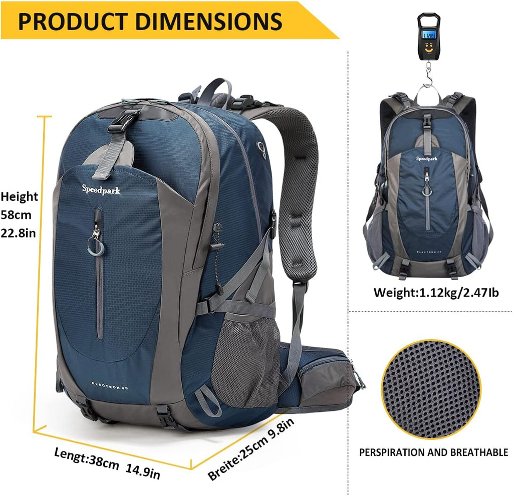 40L Hiking Backpack, Lightweight Camping Daypack with Rain Cover | Water-Resistant Rip-Stop Nylon, Multi-Pockets, Survival Whistle. Ideal for Men, Women, Travel, Trekking