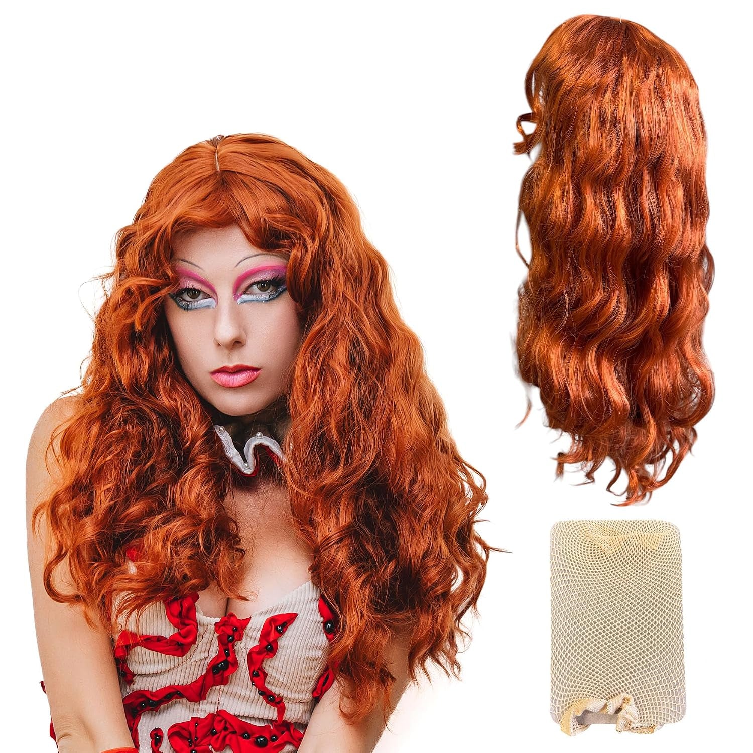 Long Wavy Red Wig – Bright Copper Orange Cosplay Hair for Pop Star Looks, Concert Outfits, Halloween Costume, Chapel Girl Themes, Drag, and Festivals