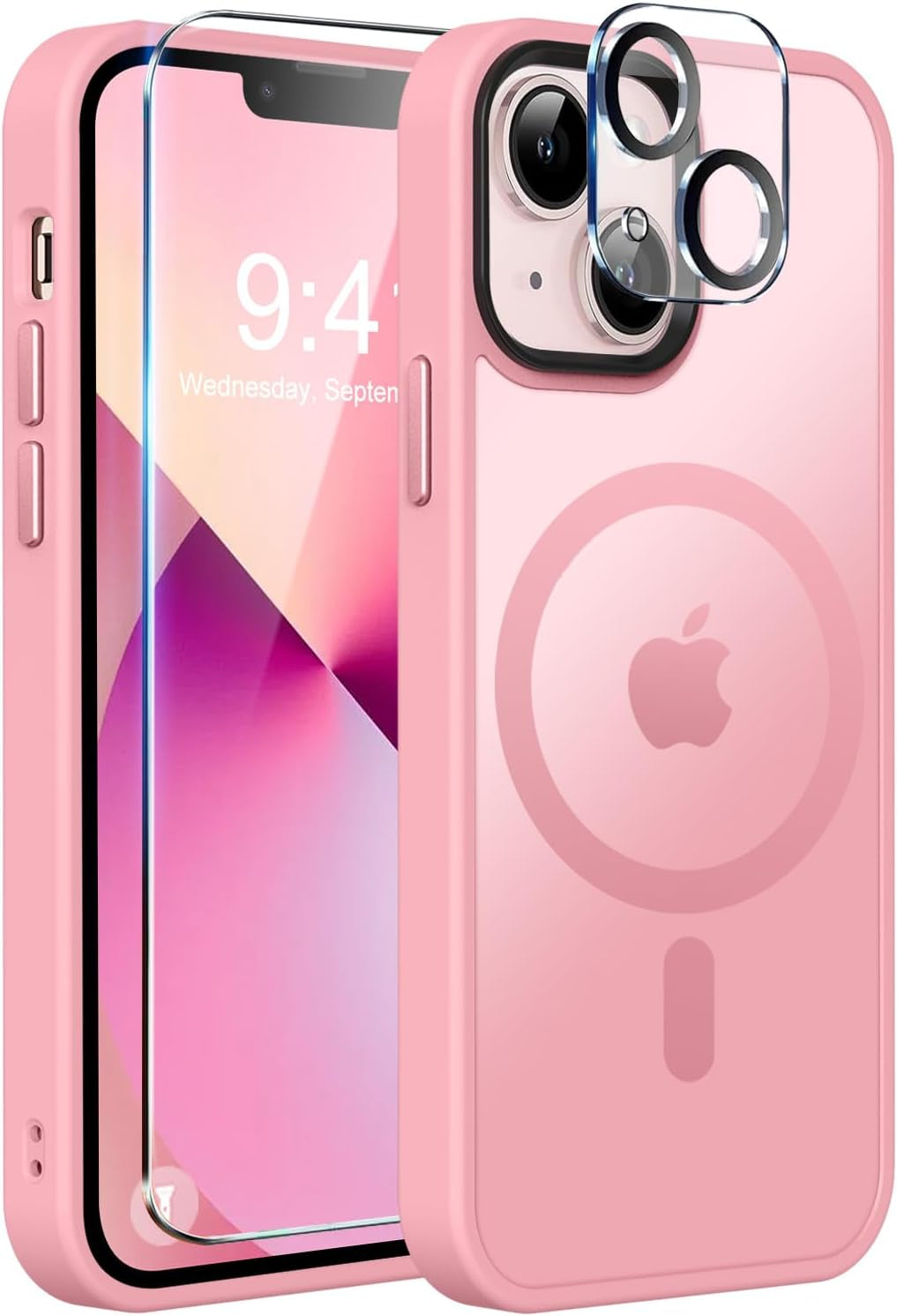 Strong Magnetic for Iphone 13 Case, [Compatible with Magsafe][Screen Protector+Camera Lens Protector] Translucent Matte Back Slim Shockproof Case for Iphone 13 Phone Case 6.1", Pink