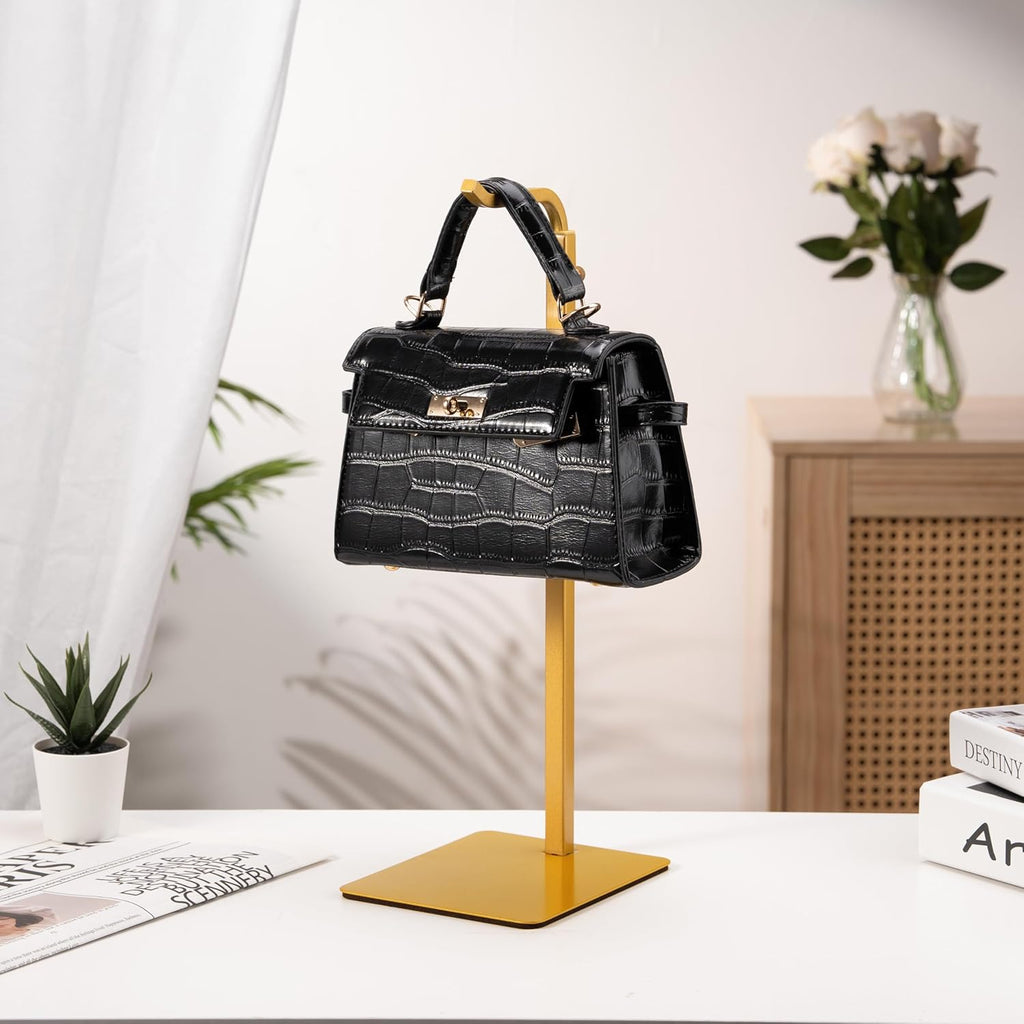 Purse Holder Handbag Display Stand: Gold Hanger Rack for Bags, Purses, and Wreath, Adjustable Hook Stand for Tabletop, Closet, and Retail Use for Vendors