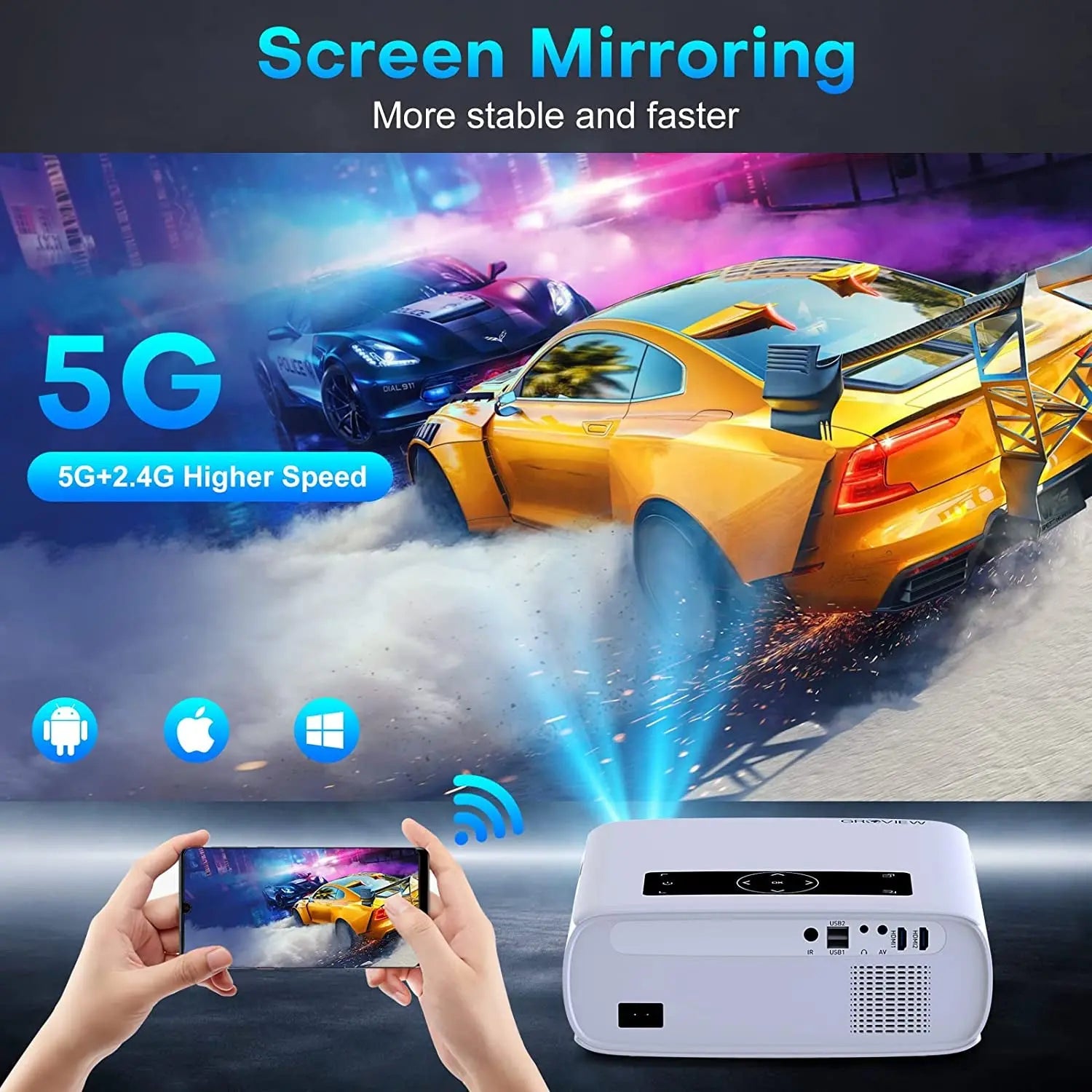 Projector, 4K Projector with Wifi and Bluetooth Support, 15000Lux FHD 1080P Portable Projector for Outdoor Moive, 300'' Theater, Zoomable, [One-Step Mirroring] for Ios/ Android, TV Stick, PS5