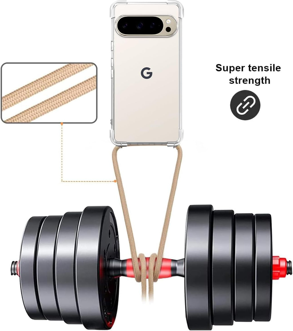 For Google Pixel 10 Pro Crossbody Case Clear Adjustable Shoulder Neck Lanyard Strap Phone Cover for Women Girls Transparent Soft Slim Shockproof Protective Mobile Case for Pixel 10 Pro - Beige