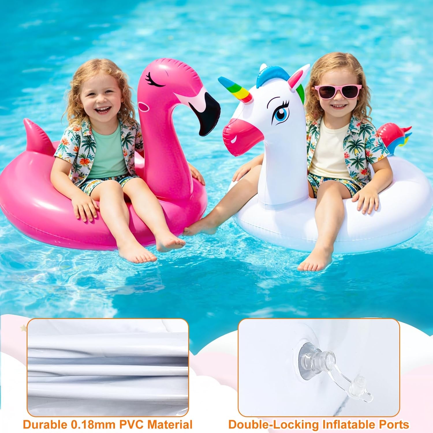 2 Pack Inflatable Flamingo Unicorn Pool Floats for Kids 3-8 Years | Pool Party Decorations/Beach/Summer, Durable PVC, Boys/Girls/Toddlers, Lounger/Raft, Vacation Floaties, Quick Inflate