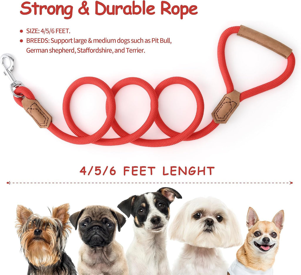 Dog Leash with Genuine Leather Connection/Handle, 4/5/6 FT | Rope Leash, Heavy Duty 360° Swivel Metal Clasp, for Small Medium & Large Dogs