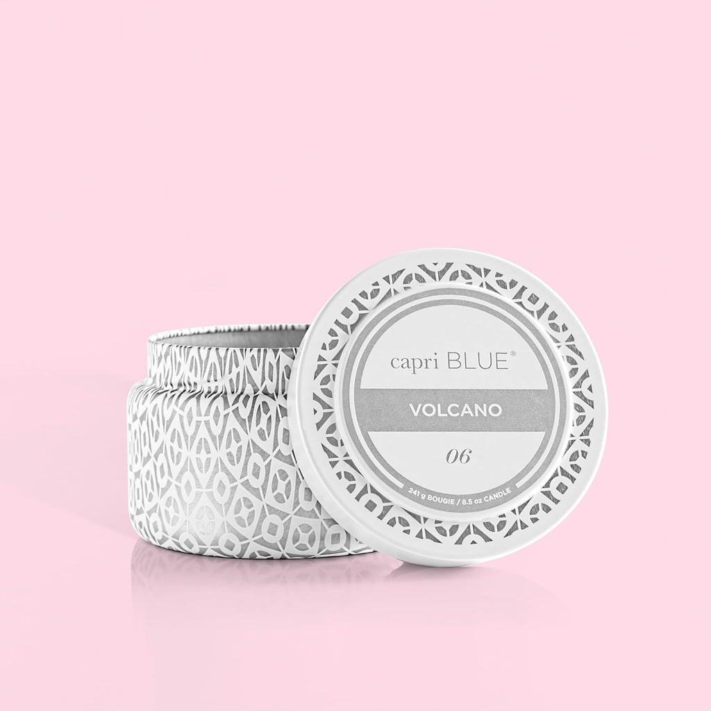 Capri Blue Volcano Printed Travel Tin Jar Candle - Luxury Candle with a Long Lasting Soy Wax Blend - Scented with Tropical & Fruity Fragrance (White Color, 8.5 Oz)