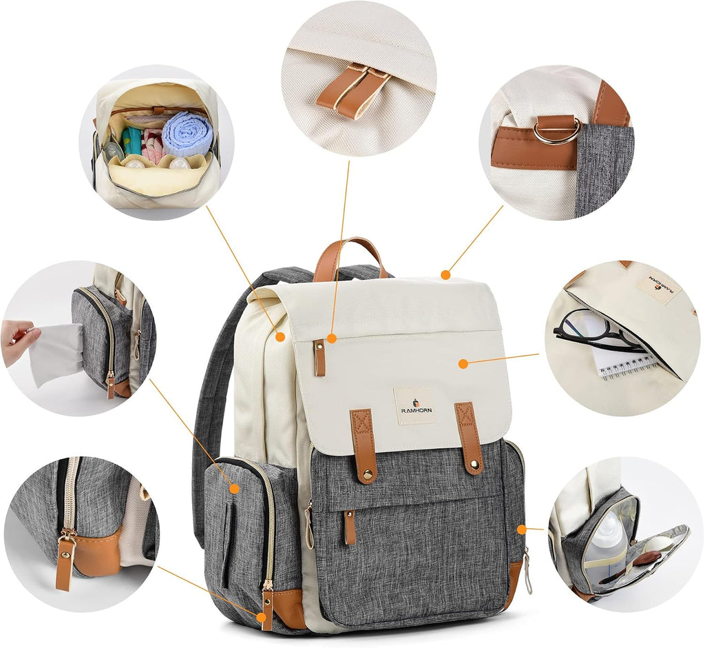 Diaper Bag Multifunction Travel Backpacks for Mom with Insulated Pockets and Laptop Compartment, Grey