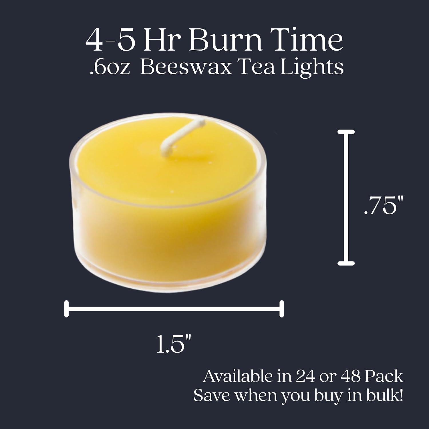 Tea Light Candles, Raw Yellow, Clear Cups, 24 Pack | 100% Pure Natural Bees Wax, Unscented, Paraffin & Soy Free, 5 Hour Burn Time, Made in USA