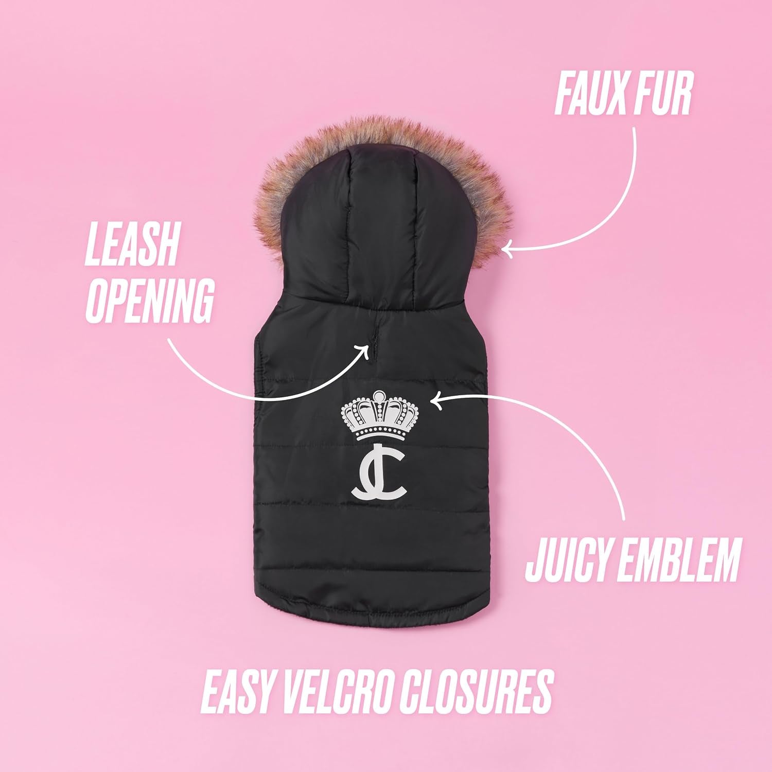 Juicy Couture Faux Fur Hooded Pet Jacket for Dogs and Cats - Black - Extra Small/Small