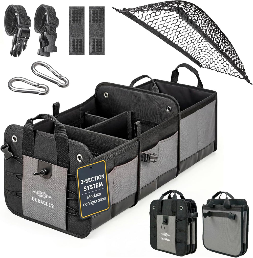 3-Section Modular Trunk Organizer XL – Car Storage for Groceries, Cleaning Supplies, Tools, Sports Gear – Foldable L-Shape Cargo Bin – Gray