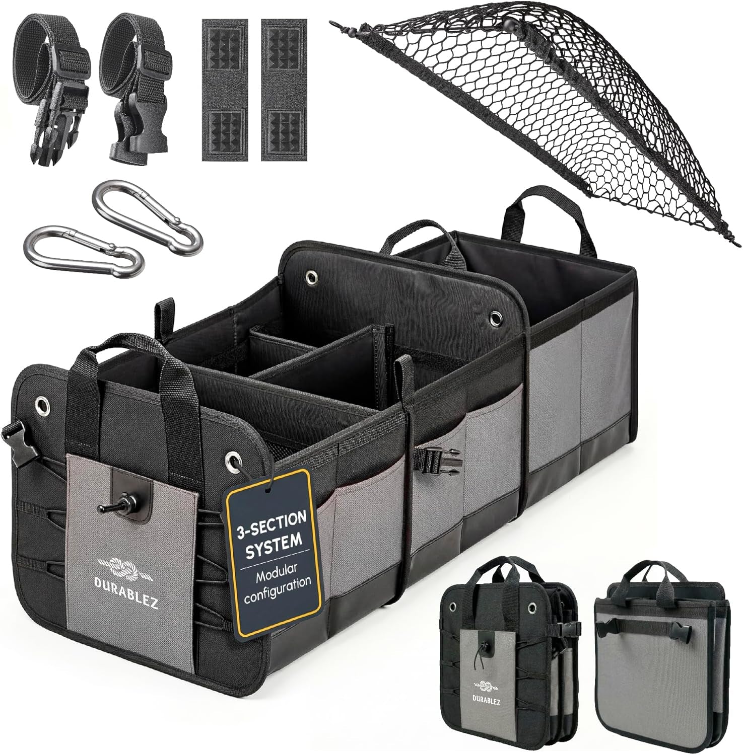 3-Section Modular Trunk Organizer XL – Car Storage for Groceries, Cleaning Supplies, Tools, Sports Gear – Foldable L-Shape Cargo Bin – Gray