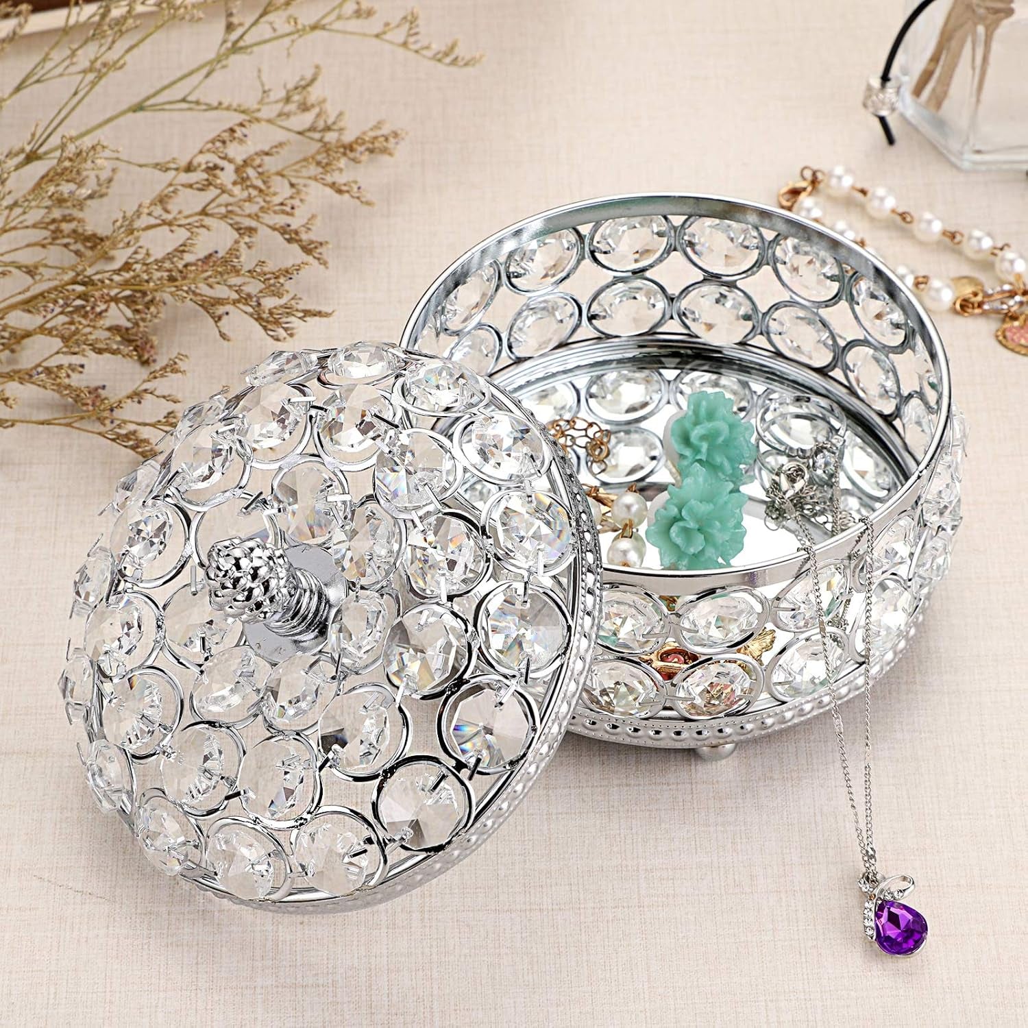 Crystal Mirrored Jewelry Box - Jewelry Trinket Organizer Treasure Box Home Decor Ring Earrings Necklace Storage Holder Chest Keepsake Box,Birthday Christmas Gift for Women, Large