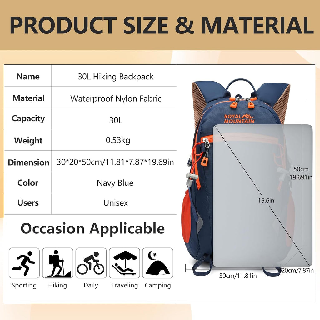 Hiking Backpack with Rain-Cover, 30L Travel Backpacks for Women Men, Camping Daypack Backpacks Lightweight, Durable Hiking Backpack Fit for Camping, Daily Commuting, Short Trips (Navy Blue)
