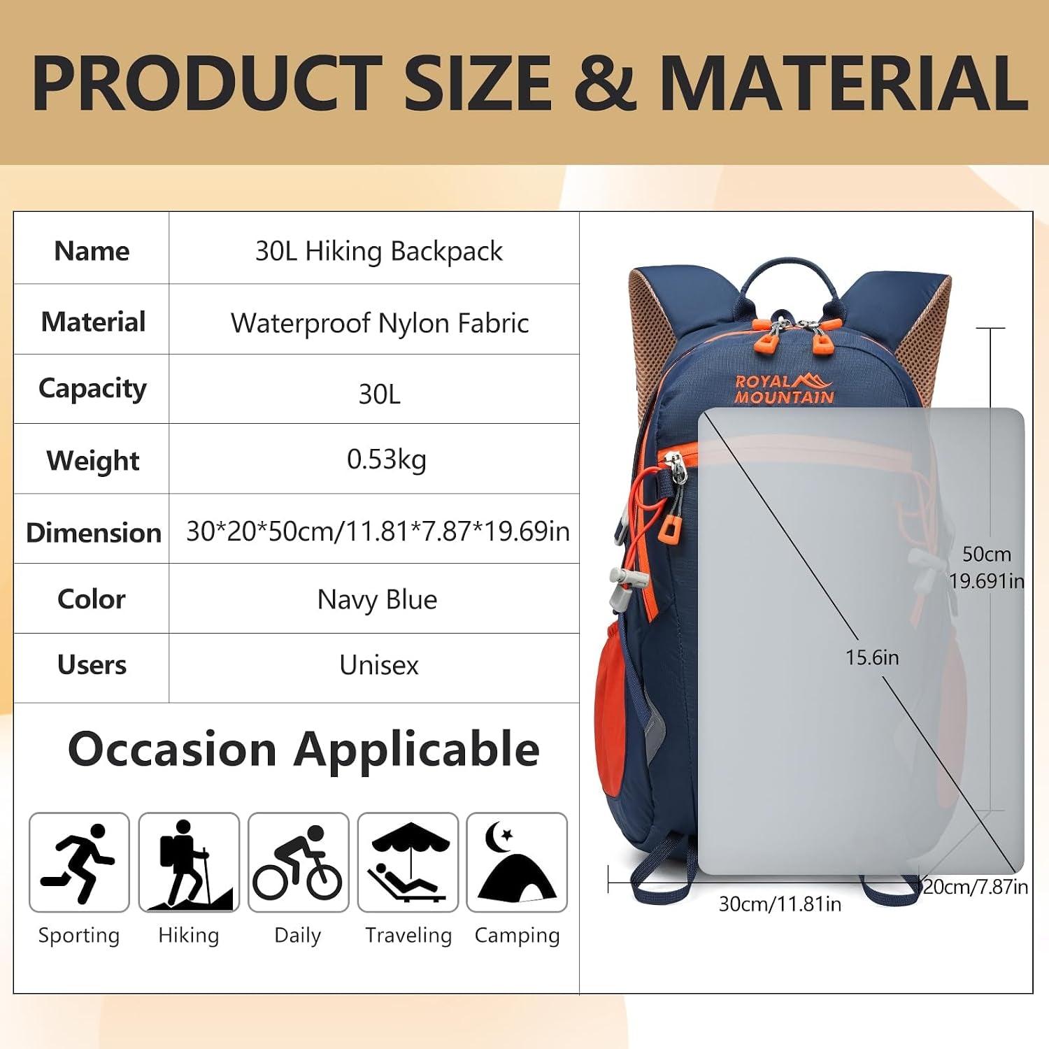 Hiking Backpack with Rain-Cover, 30L Travel Backpacks for Women Men, Camping Daypack Backpacks Lightweight, Durable Hiking Backpack Fit for Camping, Daily Commuting, Short Trips (Navy Blue)
