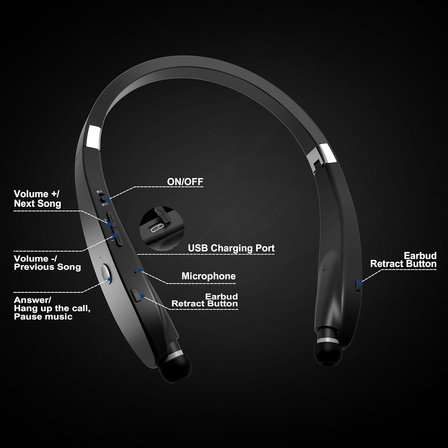 Bluetooth Neckband Headphones,  Foldable Wireless Lightweight Neck Headset with Retractable Earbuds, Noise Cancelling Sweatproof Stereo Earphones with Mic & Carrying Case (Black)
