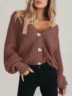 Women'S Chunky Knit Open Front Cardigan Sweaters Fall Outfits | V Neck Button Loose Short Cardigan Outerwear Coats, Slouchy Drop Shoulder Loose Cute Sweaters, Fall Clothes for Work & Office