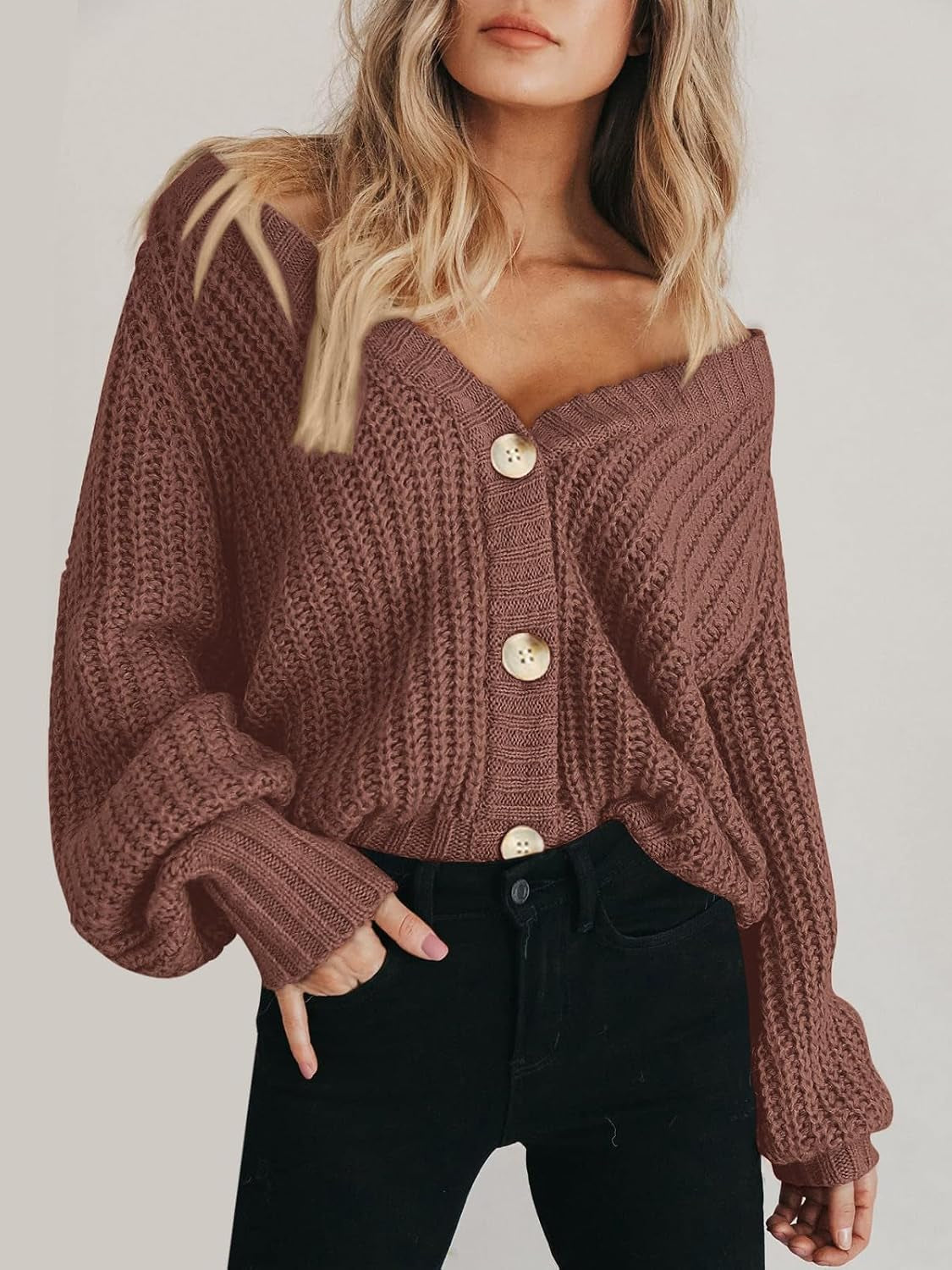Women'S Chunky Knit Open Front Cardigan Sweaters Fall Outfits | V Neck Button Loose Short Cardigan Outerwear Coats, Slouchy Drop Shoulder Loose Cute Sweaters, Fall Clothes for Work & Office