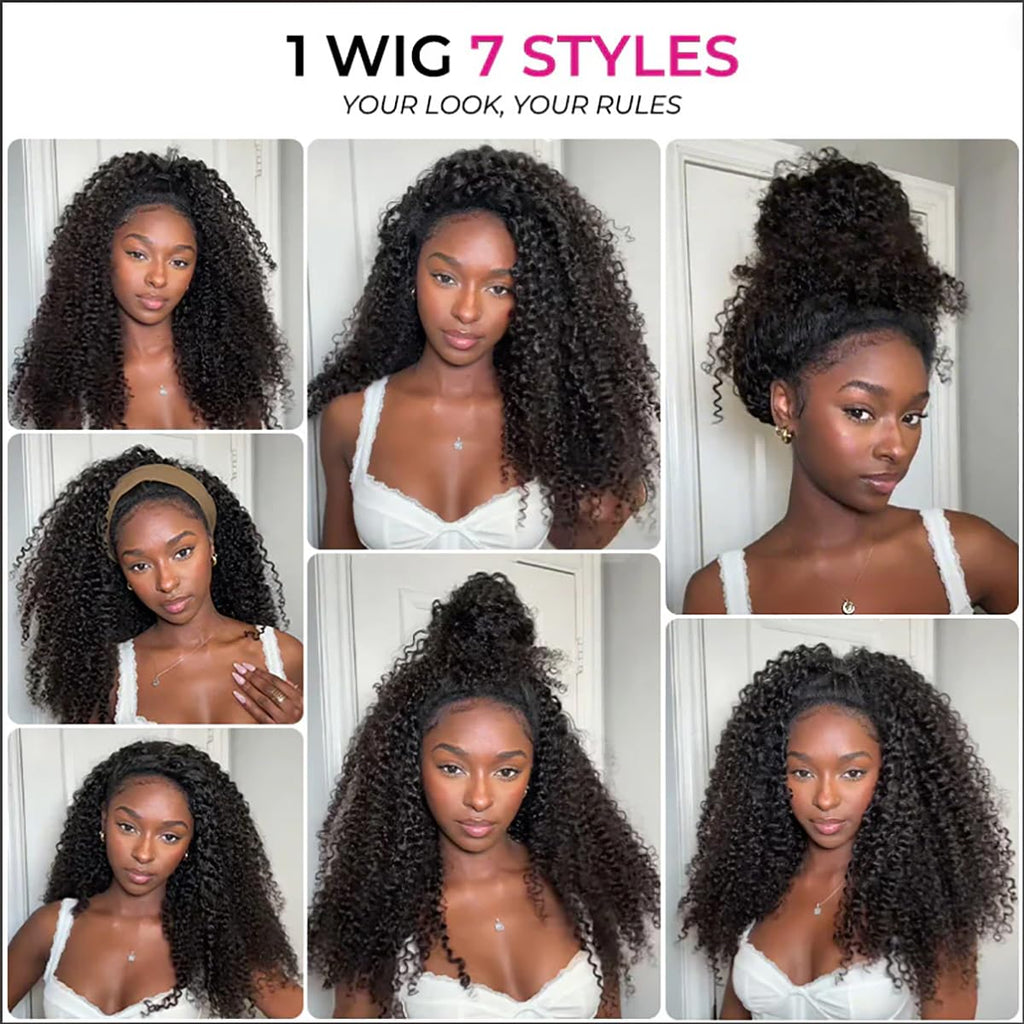 Half Wig Human Hair 3 in 1 Special Curly Half Wigs for Black Women 200% Density Wear and Go Glueless Wig Drawstring Ponytail Seamless Flip over No Lace Headband Wig Beginner Friendly 20 Inch