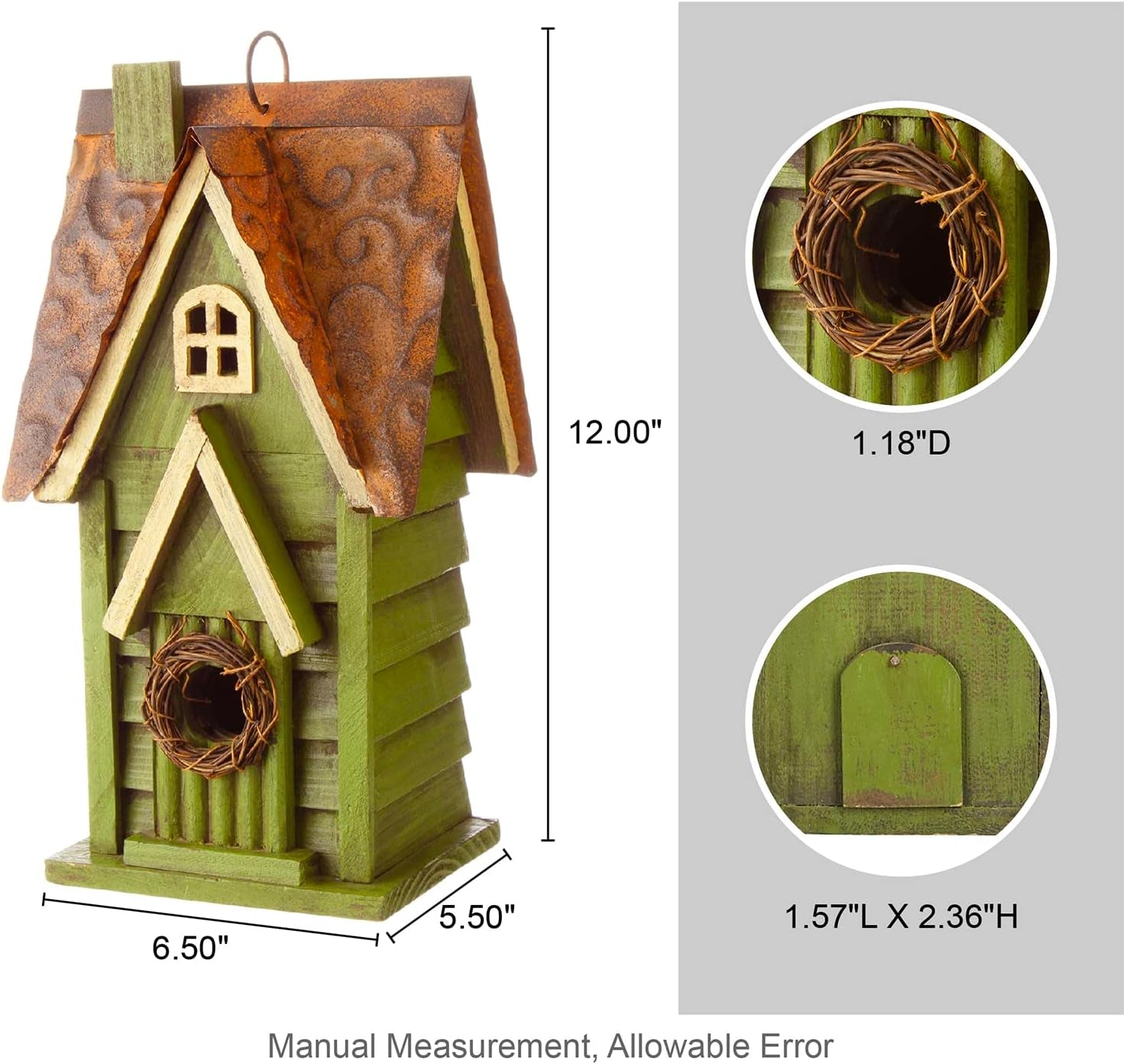 12" H Green Hanging Distressed Solid Wood Garden Bird House Decorative Birdhouse