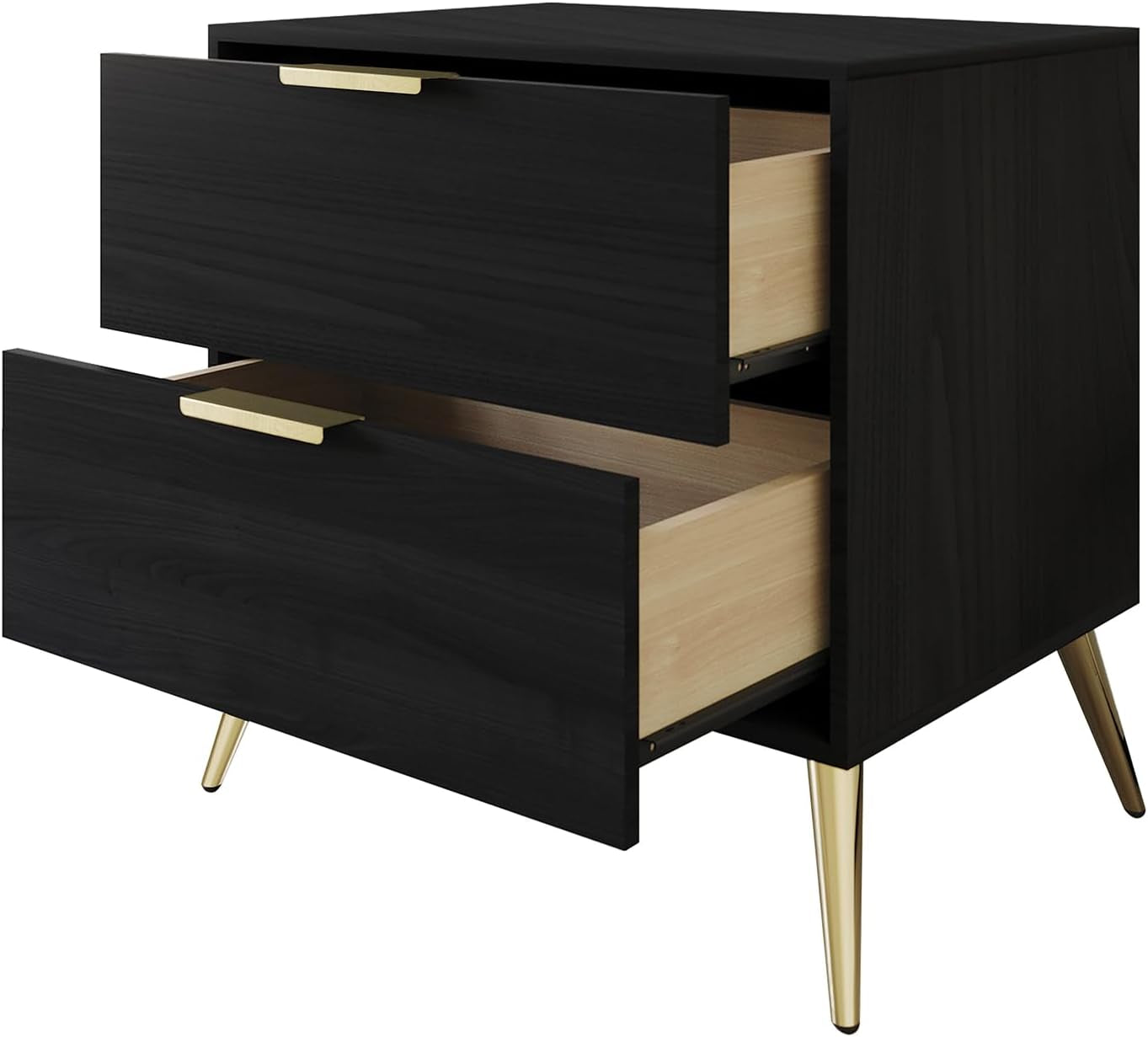 Modern Glam 2-Drawer Wooden Nightstand with Gold Metal Legs, Black