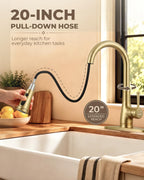 Vintage Kitchen Faucet, Pull-Down Sprayer, Brushed Gold, High Arc | 3 Modes Sprayer, 360 Swivel, Deck Plate, SUS304, Fits 1- or 3-Hole Sinks, 20-Inch Hose, Ceramic Cartridge, Lead-Free