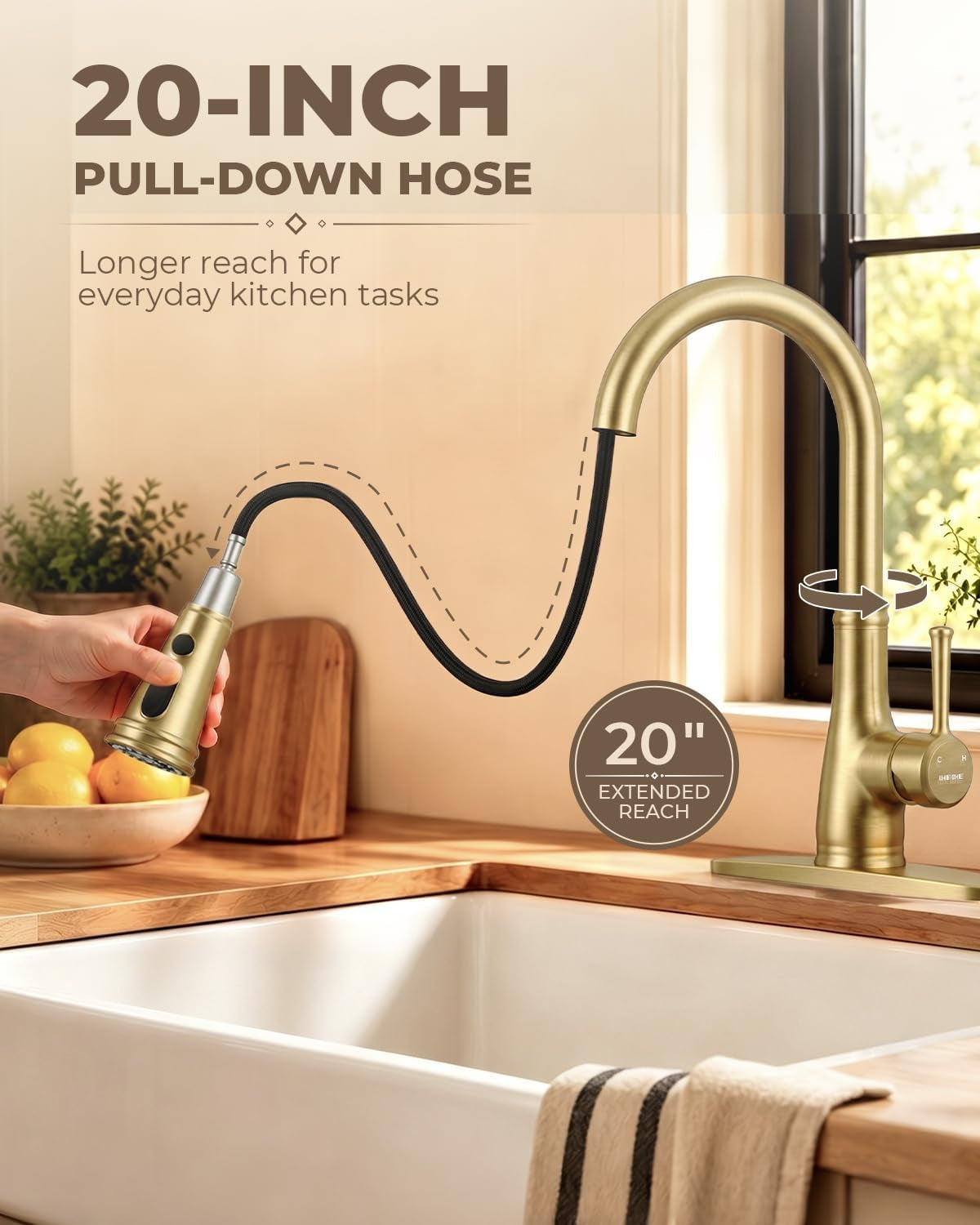 Vintage Kitchen Faucet, Pull-Down Sprayer, Brushed Gold, High Arc | 3 Modes Sprayer, 360 Swivel, Deck Plate, SUS304, Fits 1- or 3-Hole Sinks, 20-Inch Hose, Ceramic Cartridge, Lead-Free