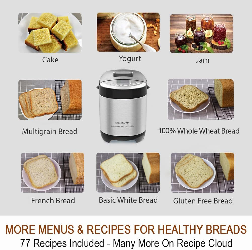 29-In-1 SMART Bread Machine with Gluten Free Setting 2LB 1.5LB 1LB Bread Maker Machine with Homemade Cycle - Stainless Steel Breadmaker with Recipes Whole Wheat Bread Making Machine