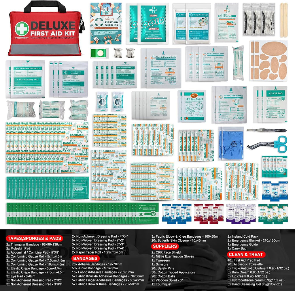 380 Pieces Deluxe First Aid Kit Compact Trauma Medical Kits with Assorted Bandages, Instant Cold Pack, Emergency Blanket for Home, Travel, Camping, Vehicle, Emergency Kits(Red)